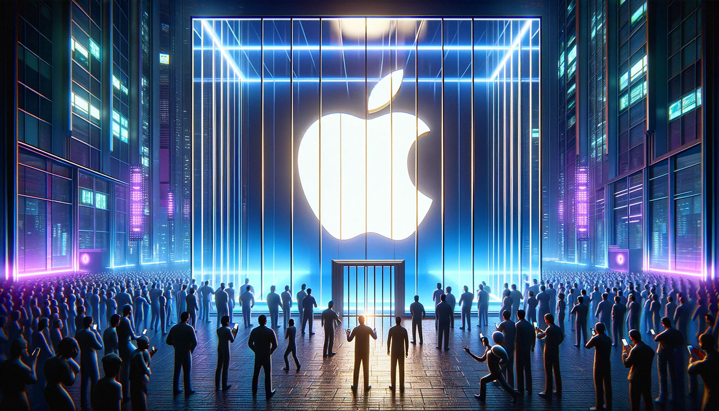 Imagem de uma grande multidão olhando para um símbolo iluminado da Apple em um portal luminoso entre prédios altos num ambiente futurista à noite.