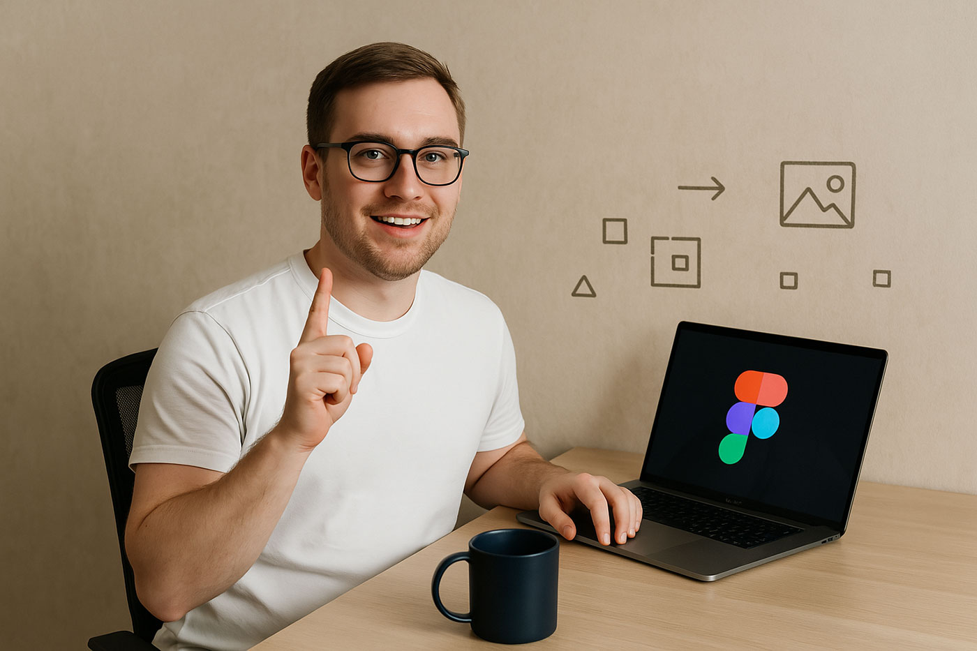 Homem sorridente com óculos, apontando para cima, sentado à mesa com laptop e xícara, em fundo neutro com ícones gráficos.
