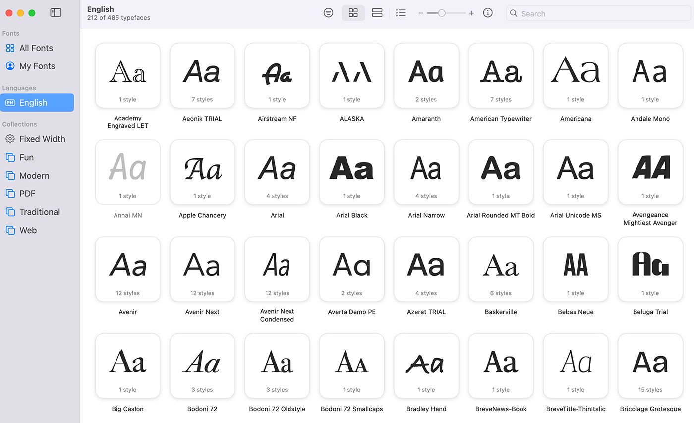 Interface de seleção de fontes, mostrando várias opções de tipos de letra, como Arial, American Typewriter e Avenir, com amostras alfabéticas e indicações do número de estilos disponíveis.
