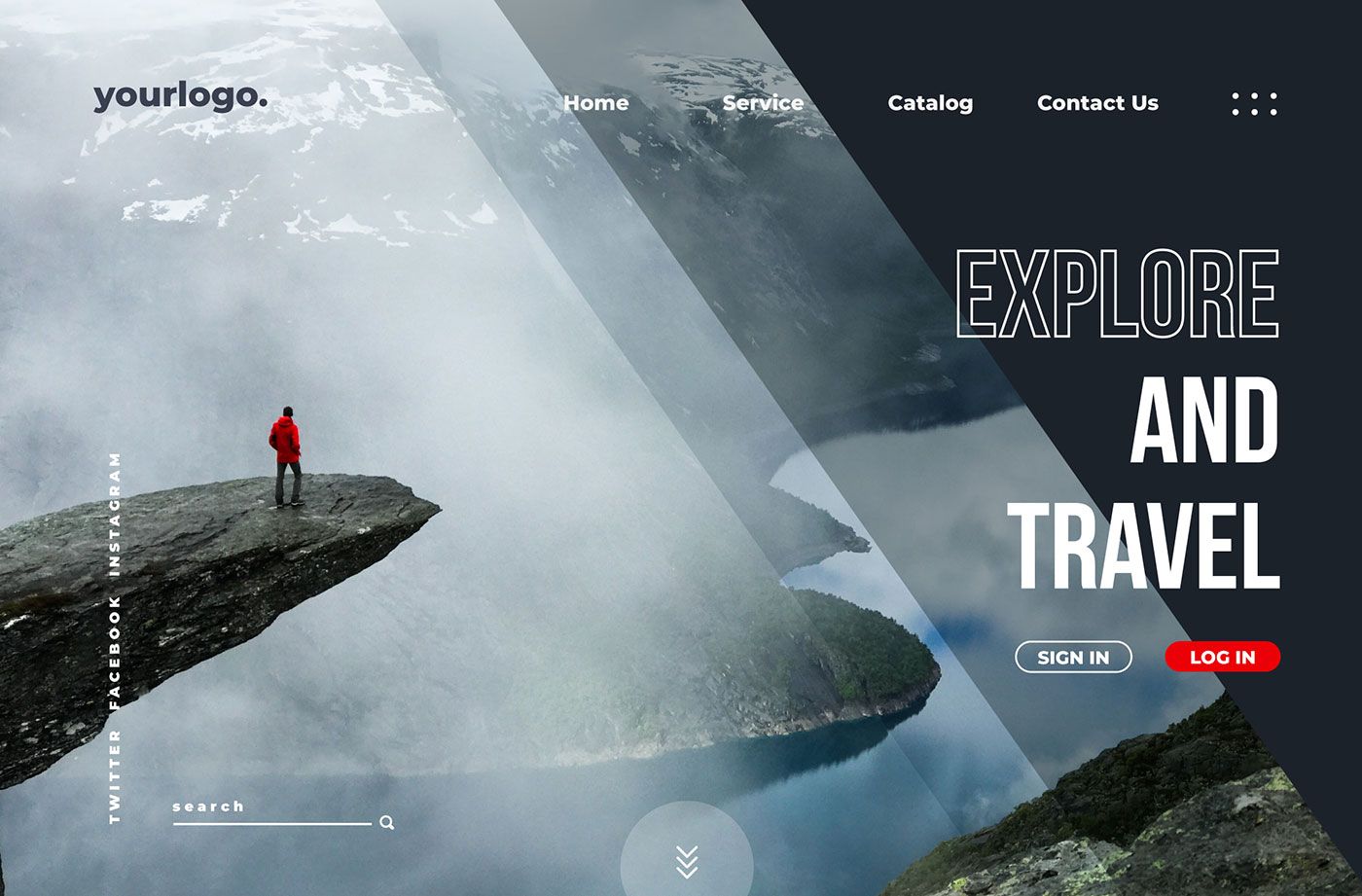 Pessoa de casaco vermelho em pé numa saliência rochosa com vista para um lago, parte de um design de site com botões de login e texto 'EXPLORE AND TRAVEL'.