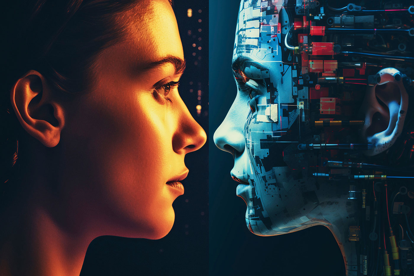 Perfis divididos de um rosto feminino e uma cabeça robótica mostrando circuitos internos, destacando contrastes entre humano e máquina.