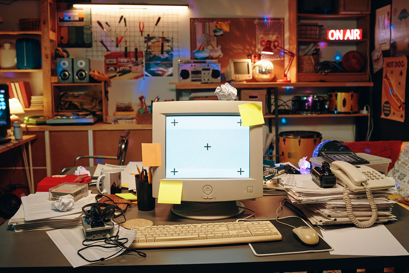 Mesa de trabalho caótica com monitor CRT, teclado, papéis acumulados e equipamentos eletrônicos, ao fundo uma oficina com ferramentas e luzes.