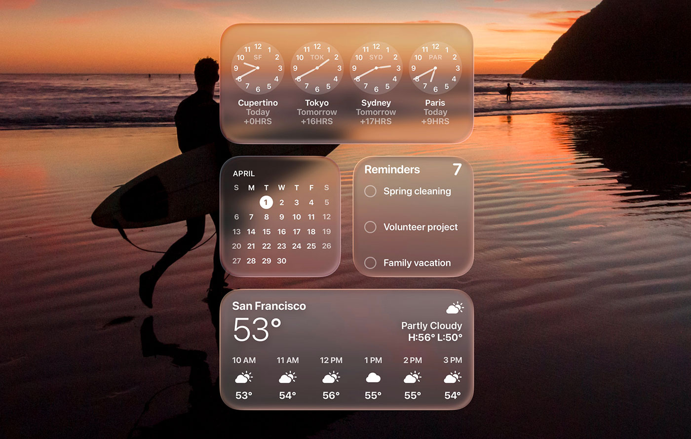 Surfista com prancha à beira-mar ao pôr do sol, com telas flutuantes mostrando relógios mundiais, calendário, lembretes e clima.