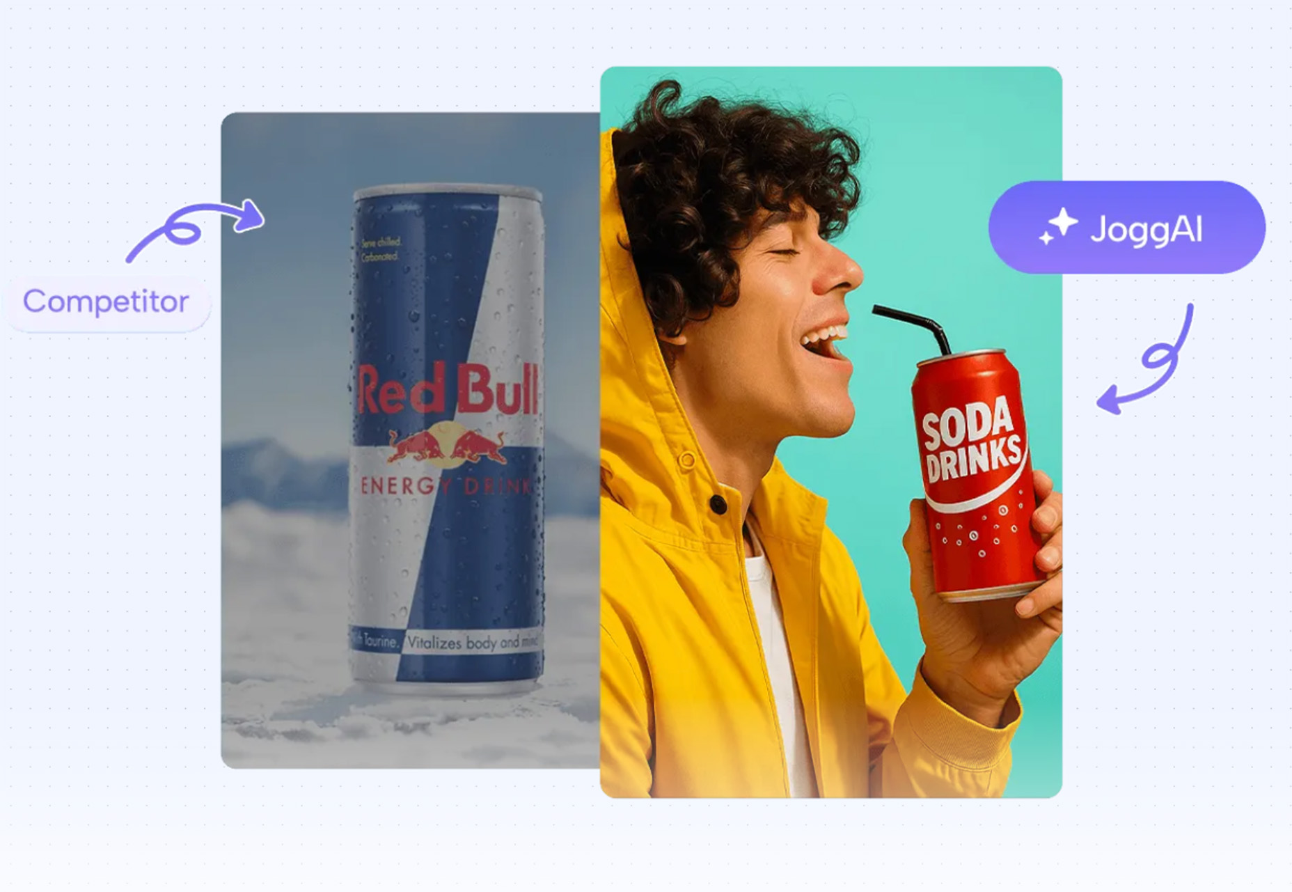 Divisão de imagem em duas partes: à esquerda, lata de Red Bull com neve ao fundo; à direita, homem rindo segurando lata de refrigerante vermelha, em fundo azul.