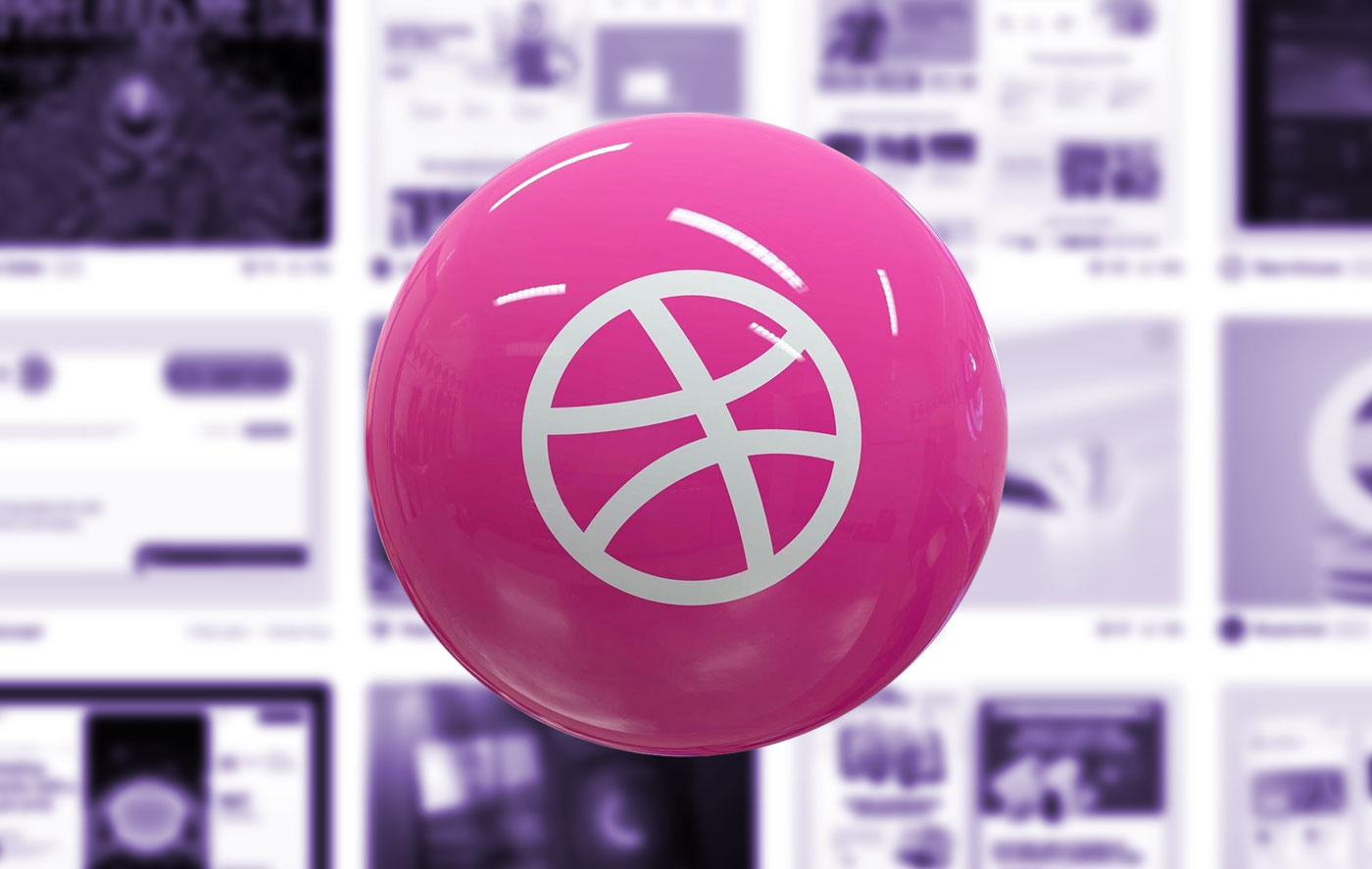 Bola rosa com símbolo branco semelhante a uma esfera terrestre, flutuando sobre um fundo desfocado de páginas de internet em tons de roxo e branco.