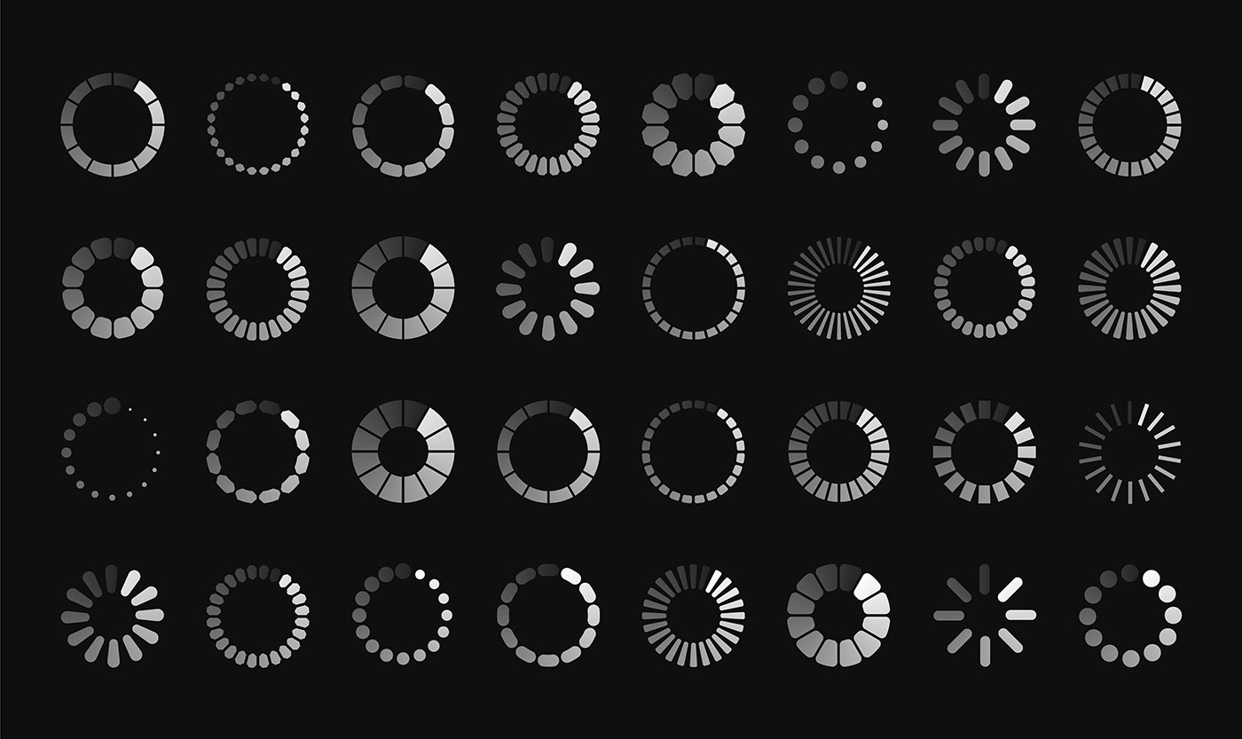 Gráfico de evolução de círculos de carregamento, variando de incompletos a completos em tons de cinza, sobre fundo preto.