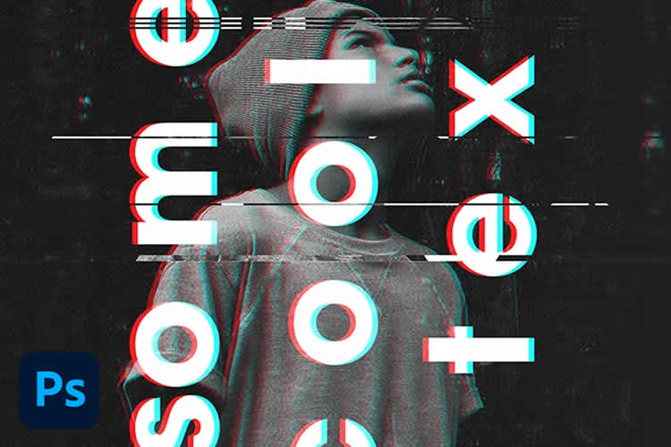 Imagem estilizada em tons de cinza de uma pessoa com moletom e touca, olhando para cima. Há texto e gráficos vermelhos e azuis sobrepostos em estilo glitch. Logo do Photoshop no canto.