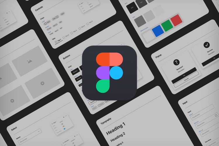 Interface de usuário com elementos de design, incluindo ícones, paletas de cores e tipografias, distribuídos de forma organizada ao redor de um ícone central colorido.