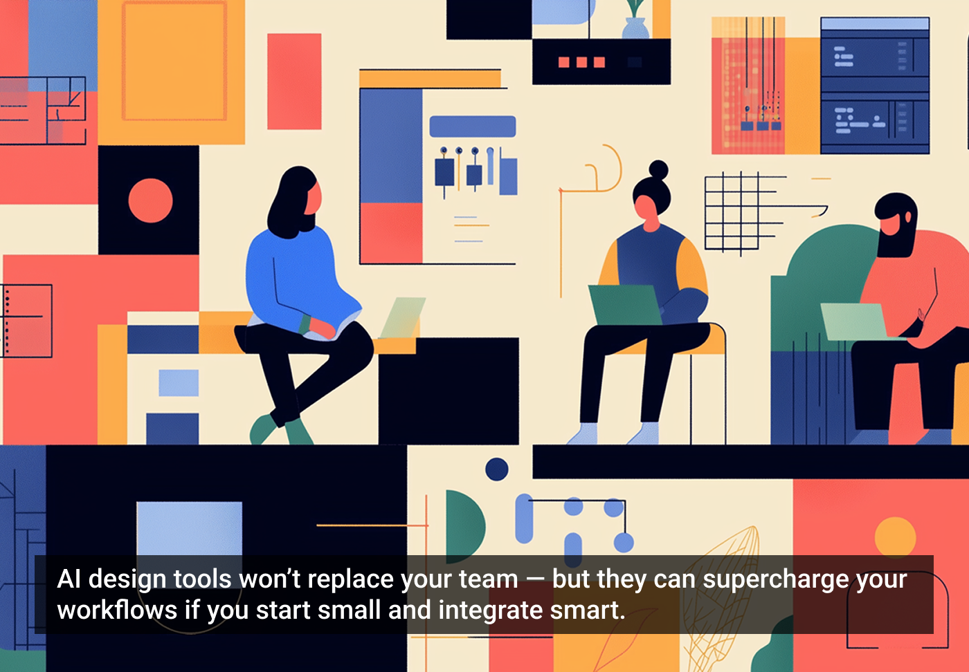 Ilustração de três pessoas utilizando laptops em espaços de trabalho diferentes, cercados por gráficos e elementos de design. Texto sobre ferramentas de IA e integração inteligente.