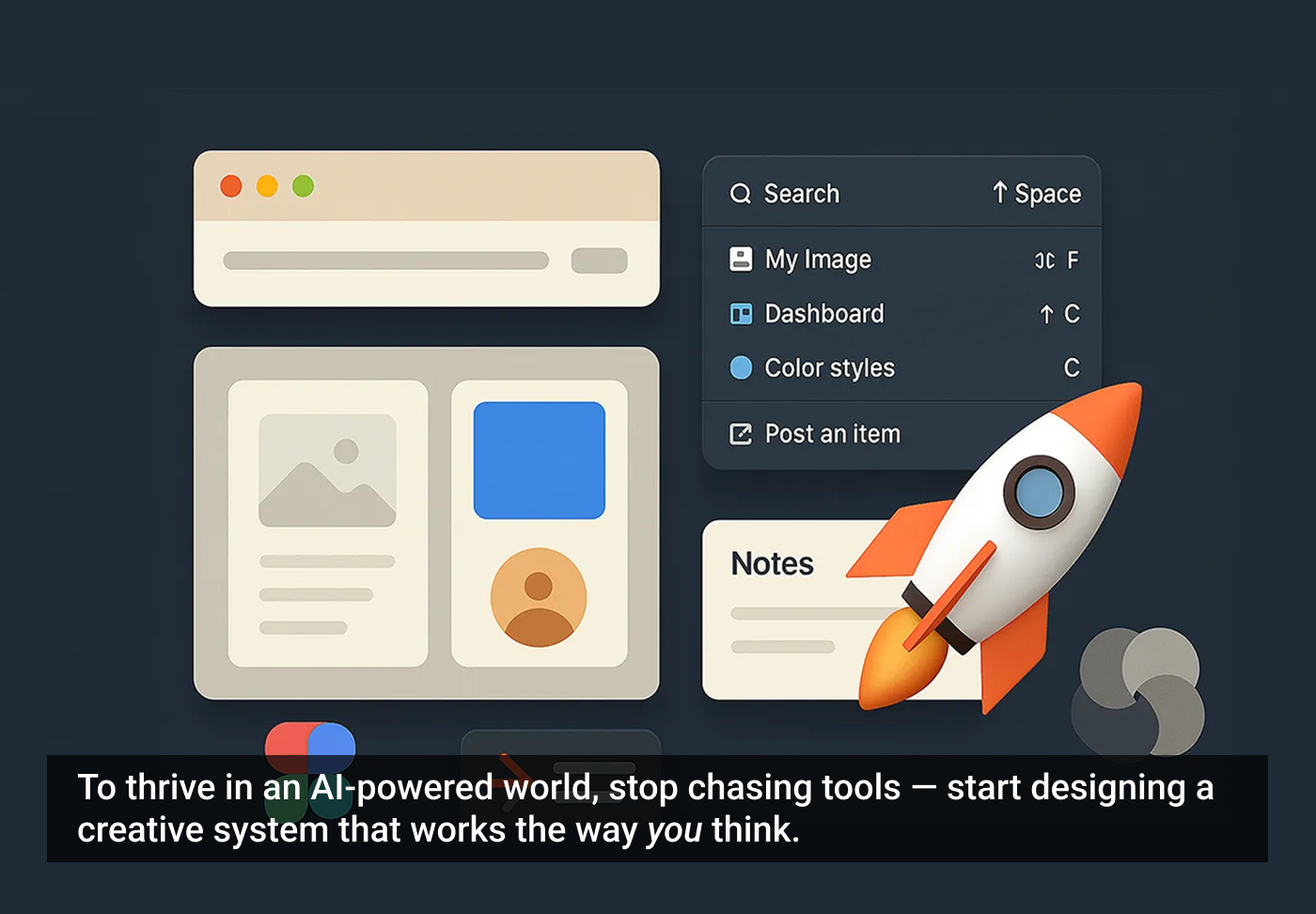 Ilustração gráfica de uma interface de usuário com painéis, um foguete 3D e texto sobre pensamento criativo no mundo da IA.