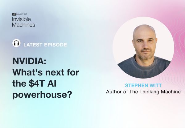 Homem careca em banner de podcast da UX Magazine sobre o futuro da NVIDIA em IA, titulado 