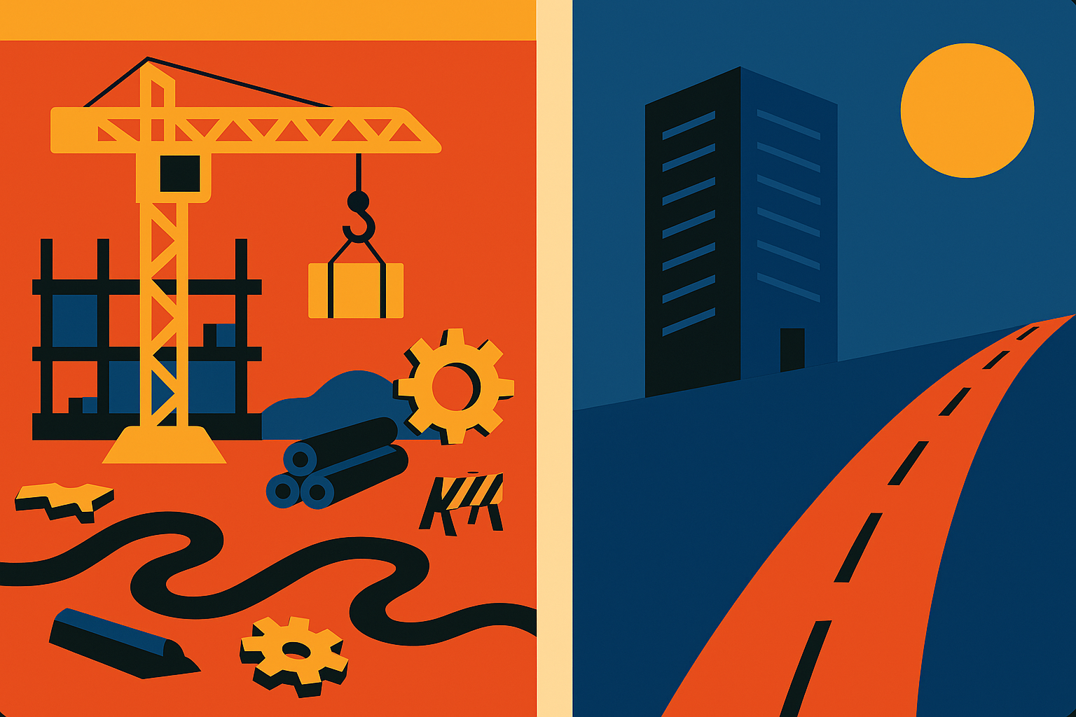 Imagem dividida em duas partes: à esquerda, canteiro de obras com guindaste e materiais de construção; à direita, prédio moderno ao pôr do sol com estrada curva.