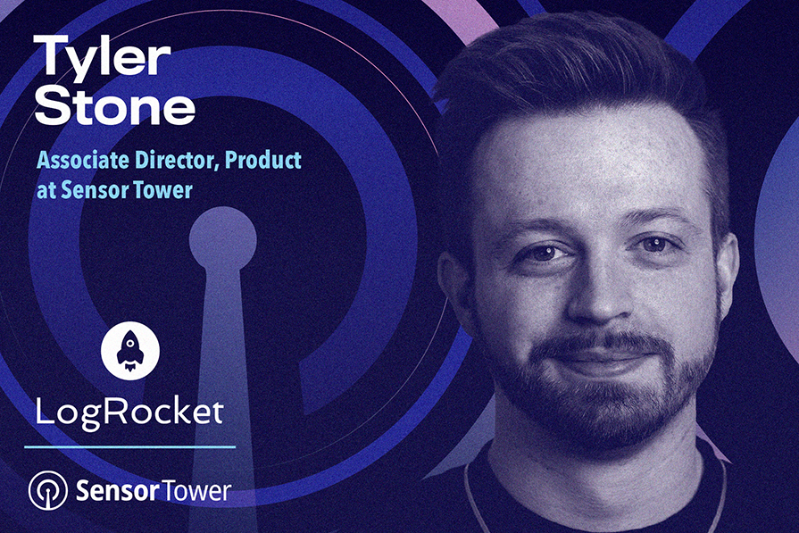 Imagem promocional de Tyler Stone, associado diretor de produto na Sensor Tower, com ícones dos logos da LogRocket e Sensor Tower, fundo gráfico azul.