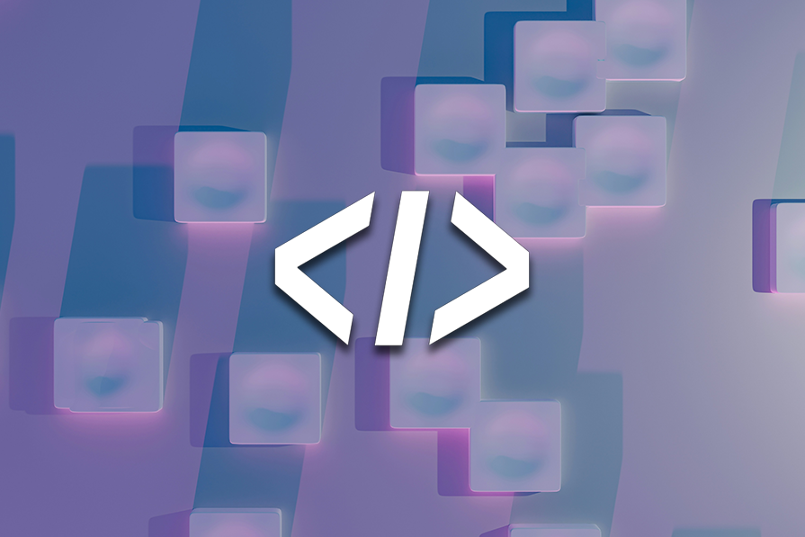 Imagem abstrata com fundo roxo e azul, destacando um grande ícone de código HTML em branco (<>), cercado por formas geométricas translúcidas.