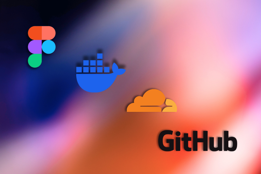 Logotipos do Figma, Docker e GitHub sobre fundo colorido em degradê azul e laranja.
