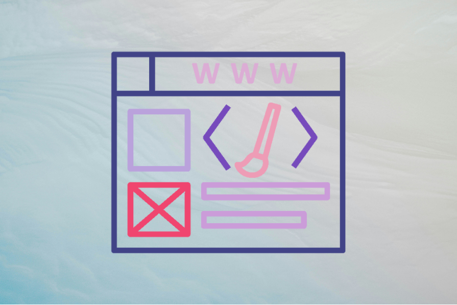 Imagem ilustrativa de uma interface de página da web estilizada em tons de roxo e rosa, destacando ícones de design e codificação sobre fundo suave.