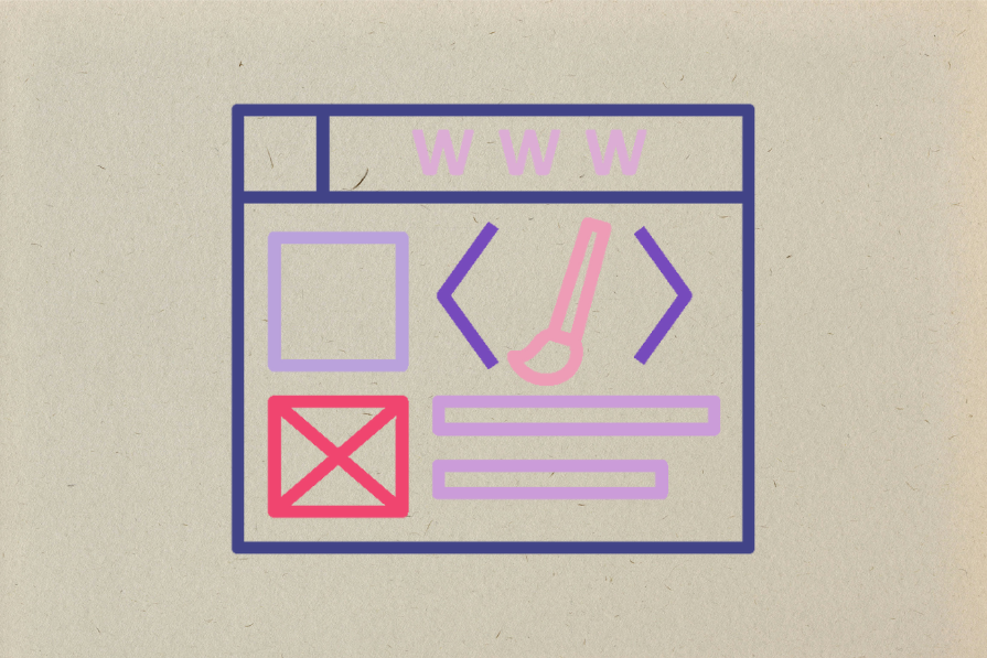 Ilustração simplificada de uma página web com iconografia rosa e roxa representando elementos como URL, imagem, código e texto em um fundo texturizado.