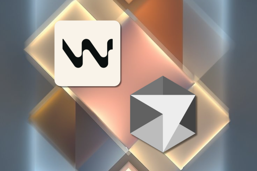 Ícones de um 'W' e um cubo geométrico sobre fundo de padrão geométrico luminoso com faixas em tons de cobre e prata.