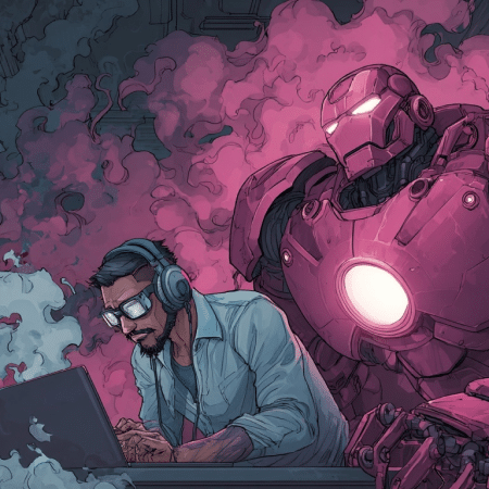 Homem com fones e laptop e robô rosa grande ao fundo em ambiente com névoa. Ambos concentram-se intensamente em suas tarefas.