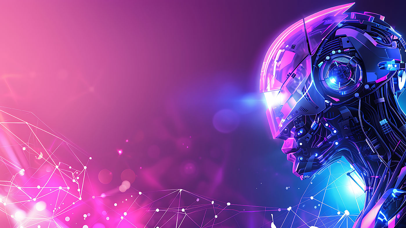 Perfil de um robô futurista com detalhes cibernéticos e iluminação neon em tons de rosa e azul, contra um fundo de linhas geométricas e pontos luminosos.