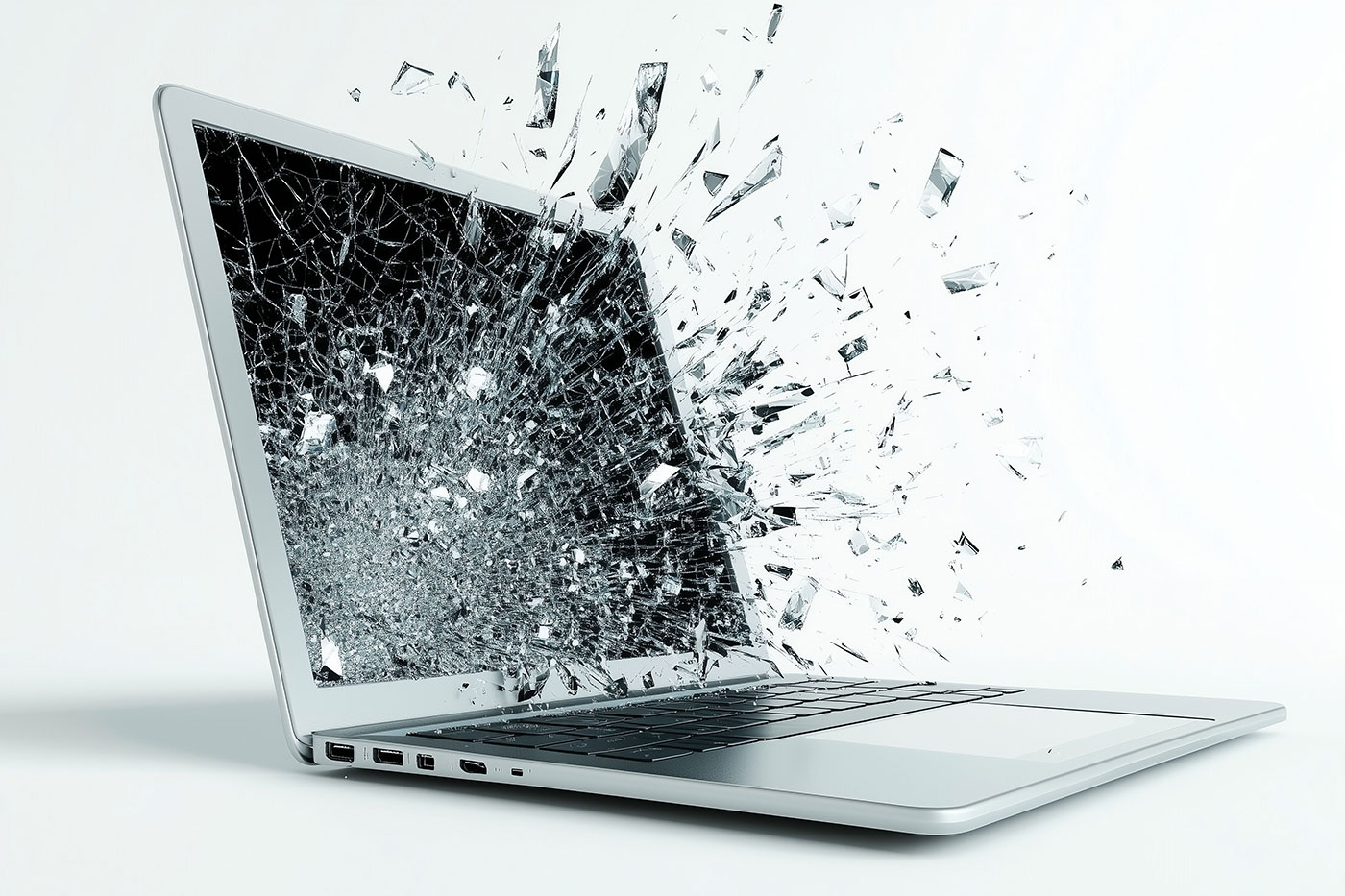 Laptop prateado com a tela fragmentando-se em pedaços de vidro, sugerindo um efeito tridimensional de quebra.