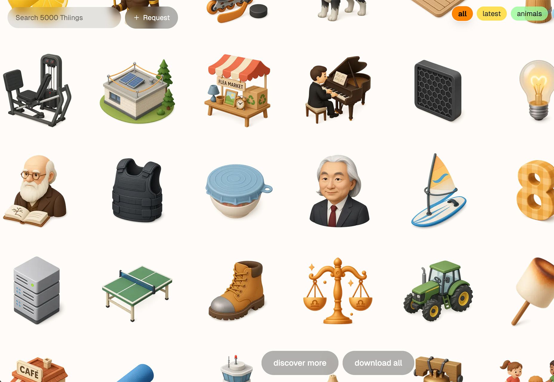 Imagem de ícones variados em estilo 3D representando objetos como lâmpada, trator, bota e pessoas, incluindo um músico e figuras históricas.