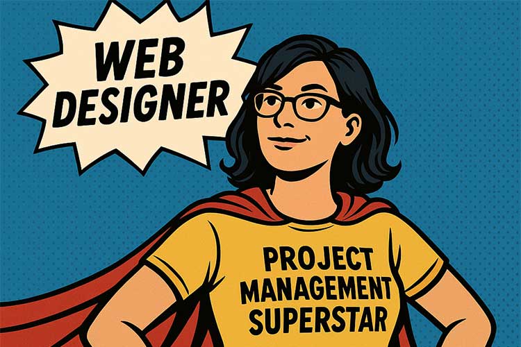 Ilustração de uma mulher com óculos e capa de super-herói, com as palavras 