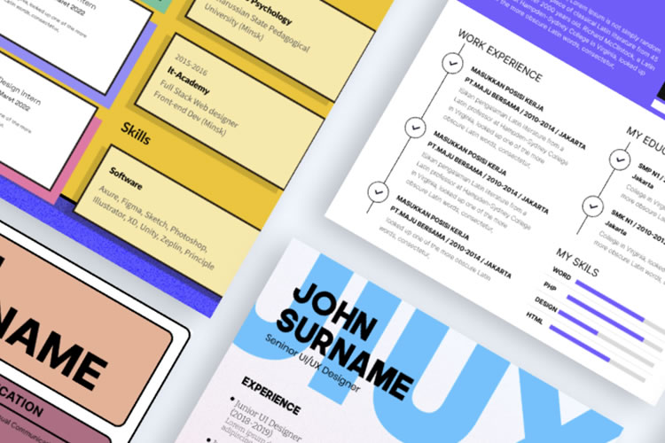 Variados modelos de currículos coloridos com layout gráfico moderno, destacando títulos como 'Skills', 'Experience' e informações pessoais.