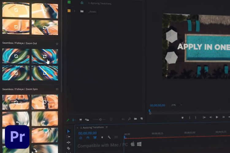 Interface do software Adobe Premiere Pro mostrando uma tela de edição de vídeo com múltiplas transições visuais e uma prévia de vídeo aplicando uma transição.