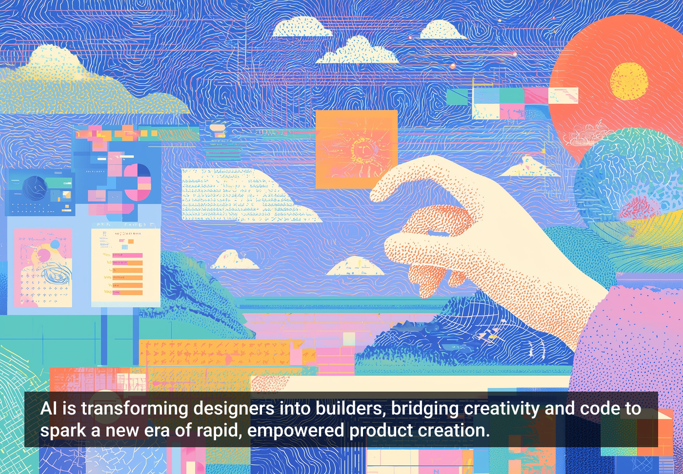 Ilustração vibrante mostrando uma mão estilizada manipulando gráficos e textos sobre fundo colorido com paisagem abstrata e elementos tecnológicos, simbolizando a fusão de design e IA.