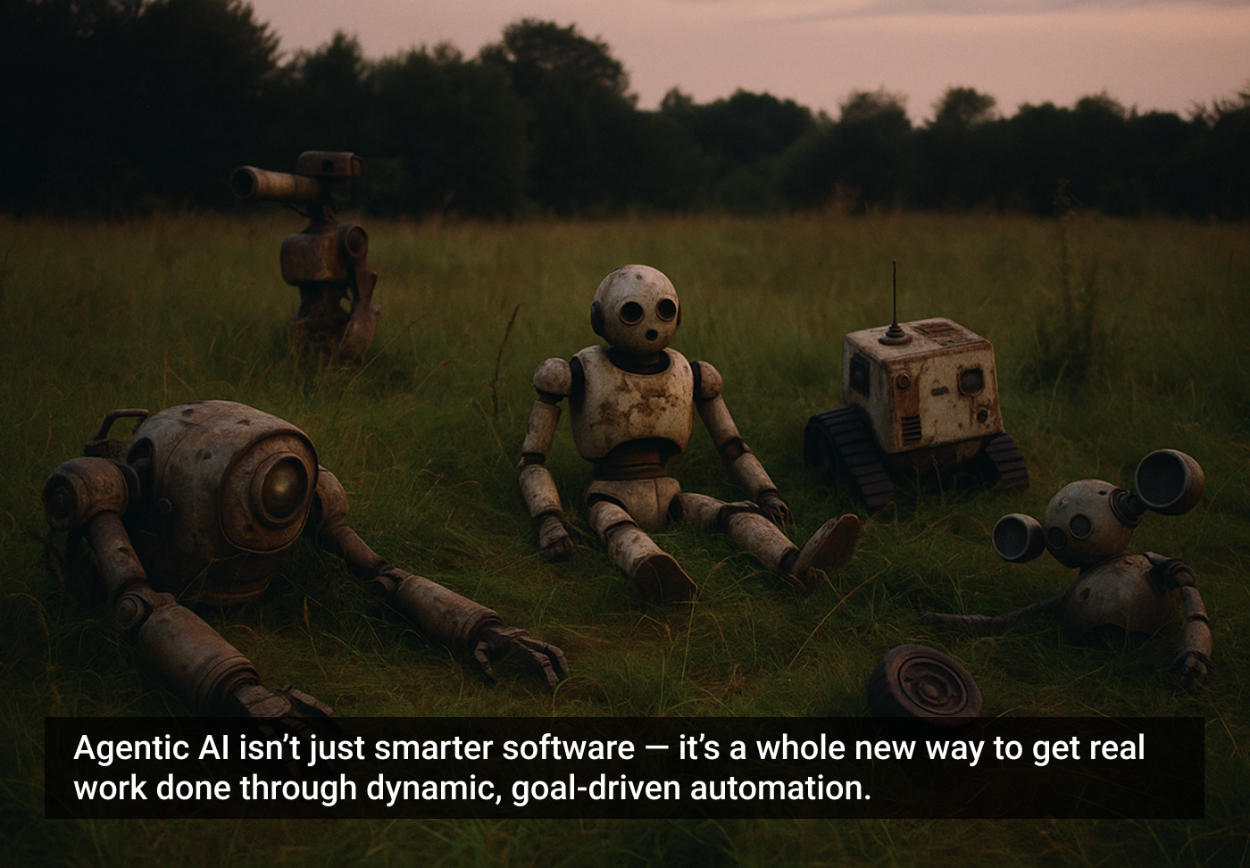 Quatro robôs diversos estão dispersos em um campo ao entardecer, com um texto sobre inteligência artificial dinâmica ao fundo.