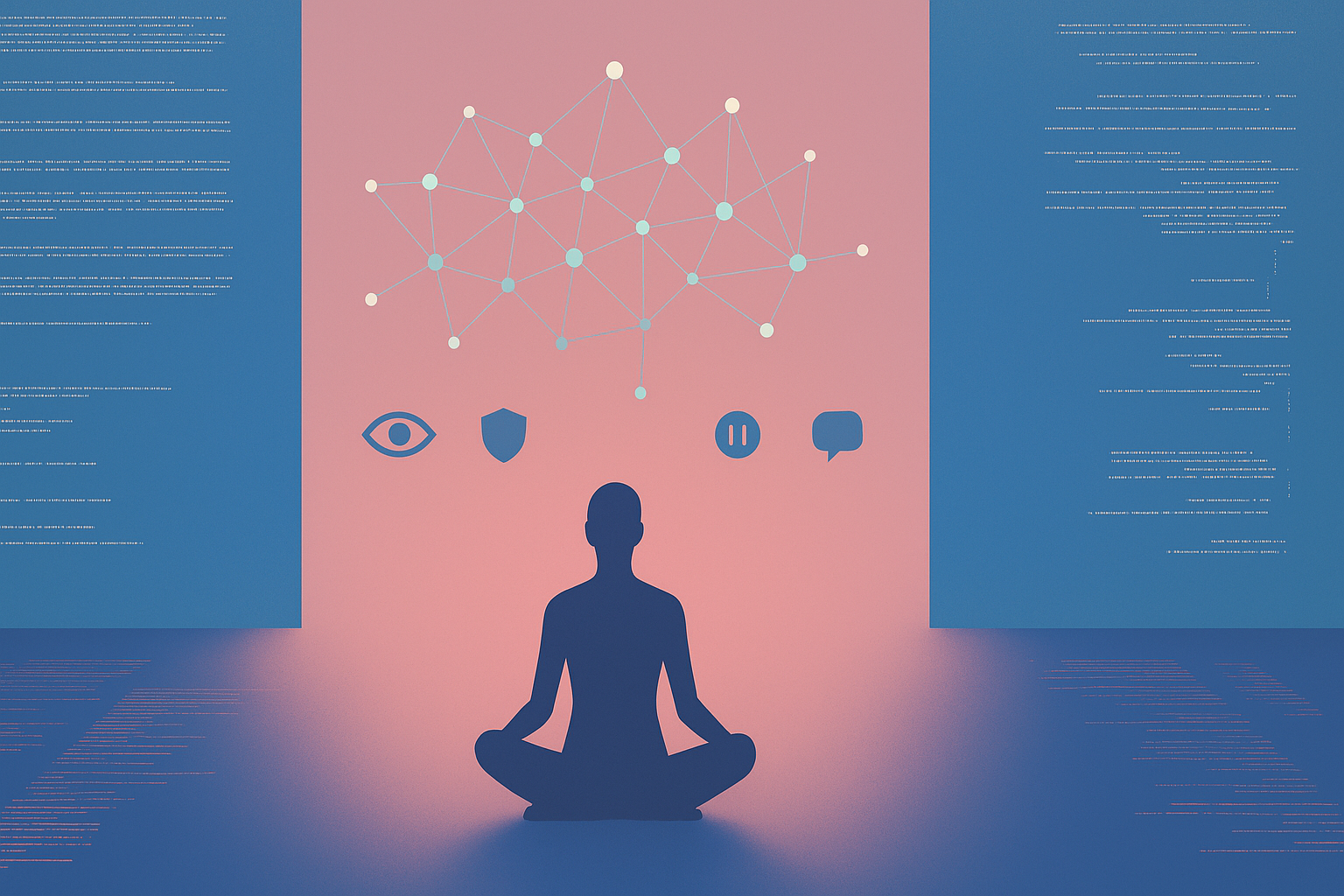 Silhueta de pessoa meditando com um fundo dividido em azul e rosa, destacando-se uma rede de nós conectados e ícones de comunicação e segurança.