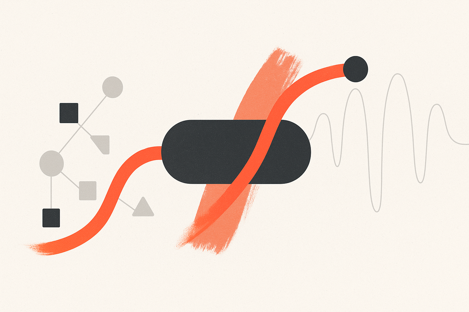 Ilustração abstrata com formas geométricas, uma faixa laranja ondulada, um retângulo preto central e linhas esboçadas em um fundo neutro.