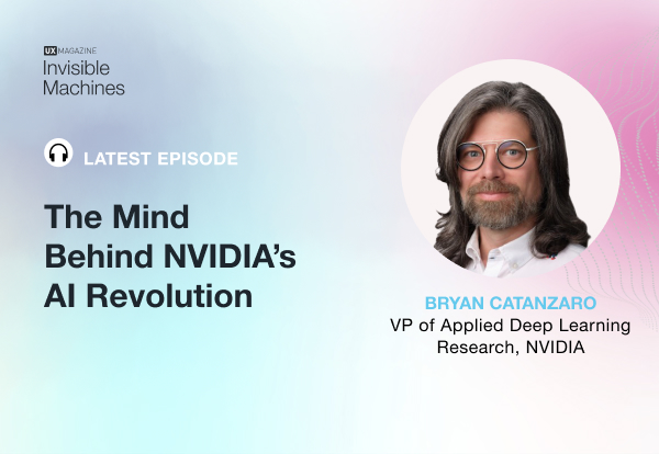 Homem de óculos, cabelo longo e barba posa à esquerda; à direita, texto promove episódio de podcast sobre a revolução da IA na NVIDIA.