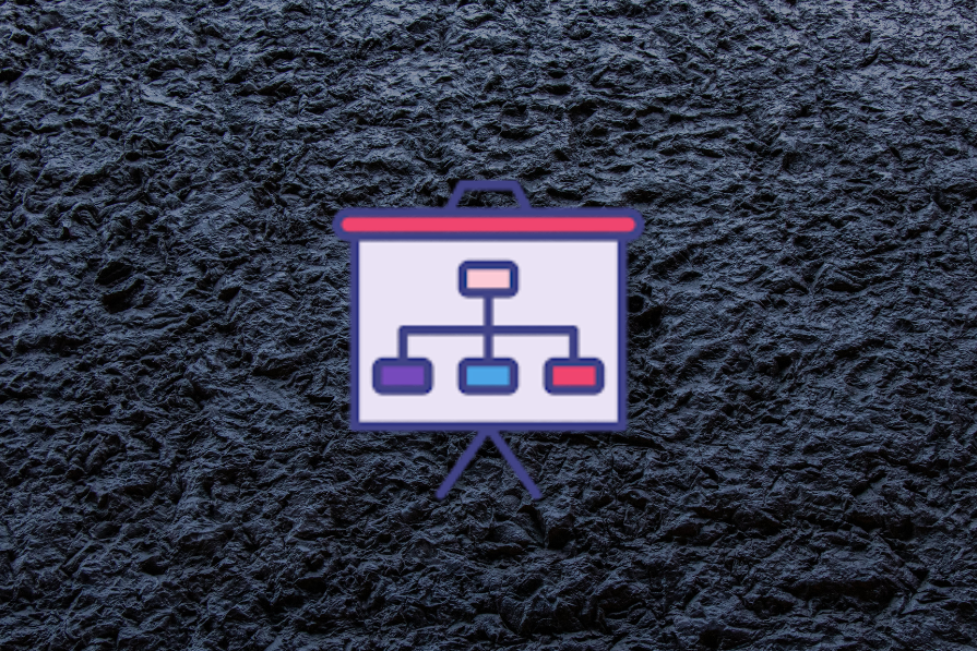 Texto alternativo: Um quadro de apresentação em um cavalete com um diagrama de fluxo com caixas coloridas sobre um fundo texturizado escuro.
