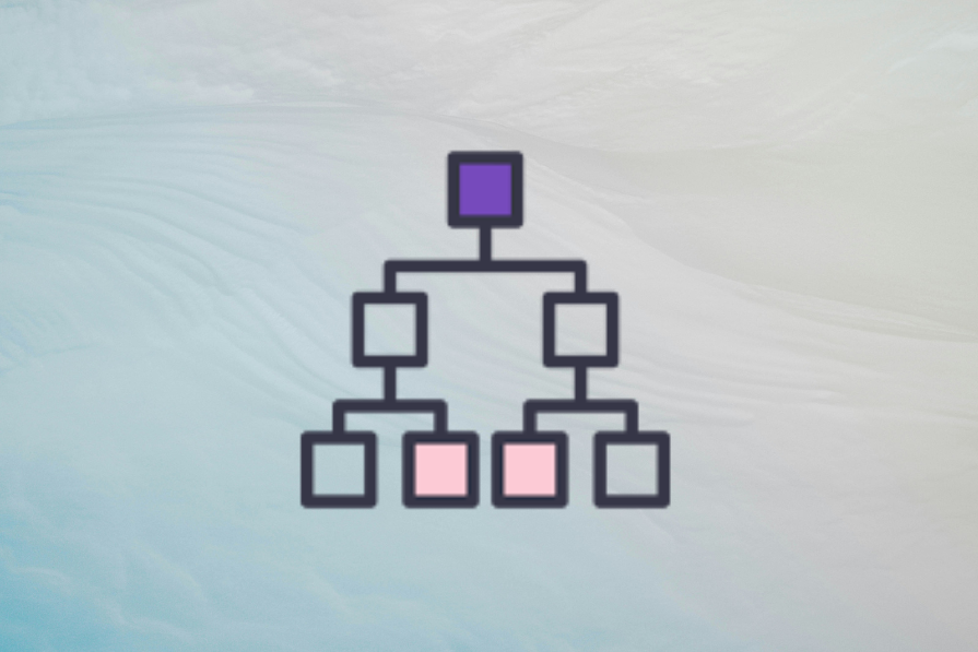 Ícone de diagrama hierárquico com fundo azul desfocado. O topo apresenta um quadrado roxo, seguido por três quadrados ligados, dois dos quais são rosa.
