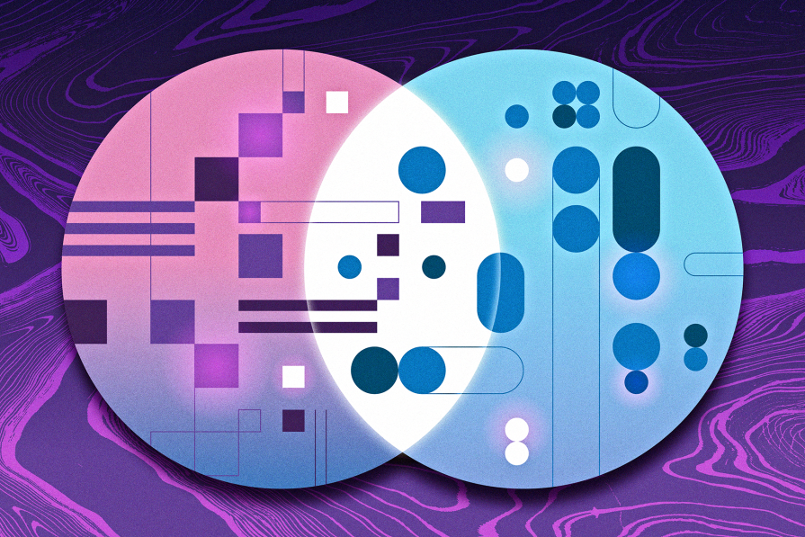 Duas formas circulares sobrepostas com padrões geométricos e abstratos em tons de roxo, rosa e azul, sobre um fundo ondulado roxo.