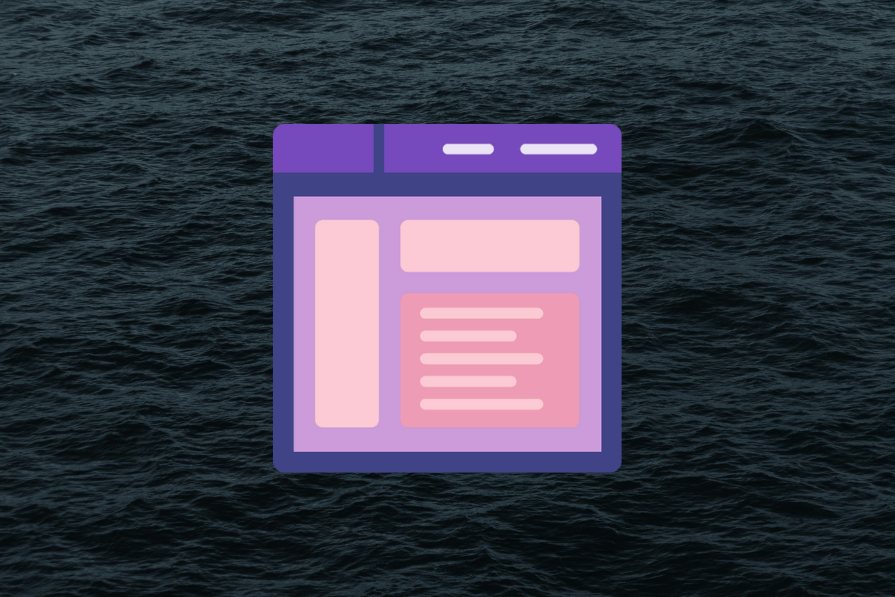 Ícone de uma interface de navegador roxo com seções em rosa claro flutuando sobre um fundo texturizado que se assemelha a água escura e ondulada.