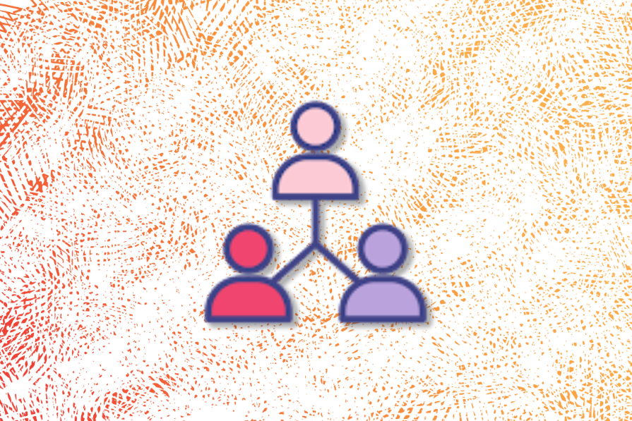 Ícone de rede social representando três pessoas conectadas em um fundo texturizado com linhas alaranjadas e brancas.