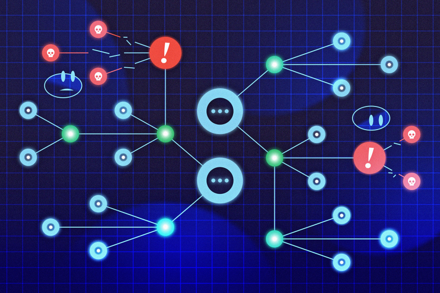 Ilustração de rede digital com nós conectados por linhas e ícones simbolizando alertas e mensagens sobre um fundo quadriculado azul.