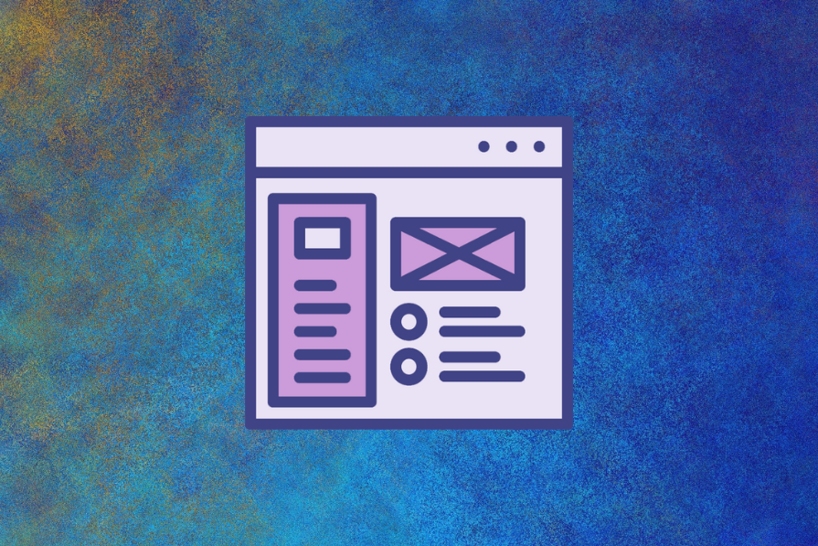 Ícone de interface de site representando uma página web com uma lista e um envelope numa tela, sobre fundo texturizado azul.