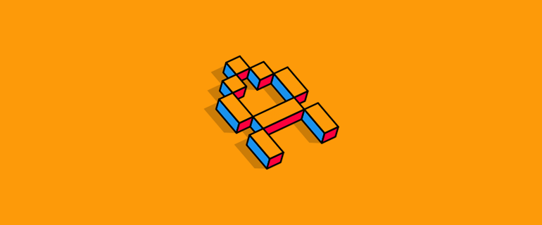 Imagem de um desenho abstrato formado por cubos coloridos (vermelho, azul, amarelo) dispostos de forma a parecerem flutuar sobre um fundo laranja.