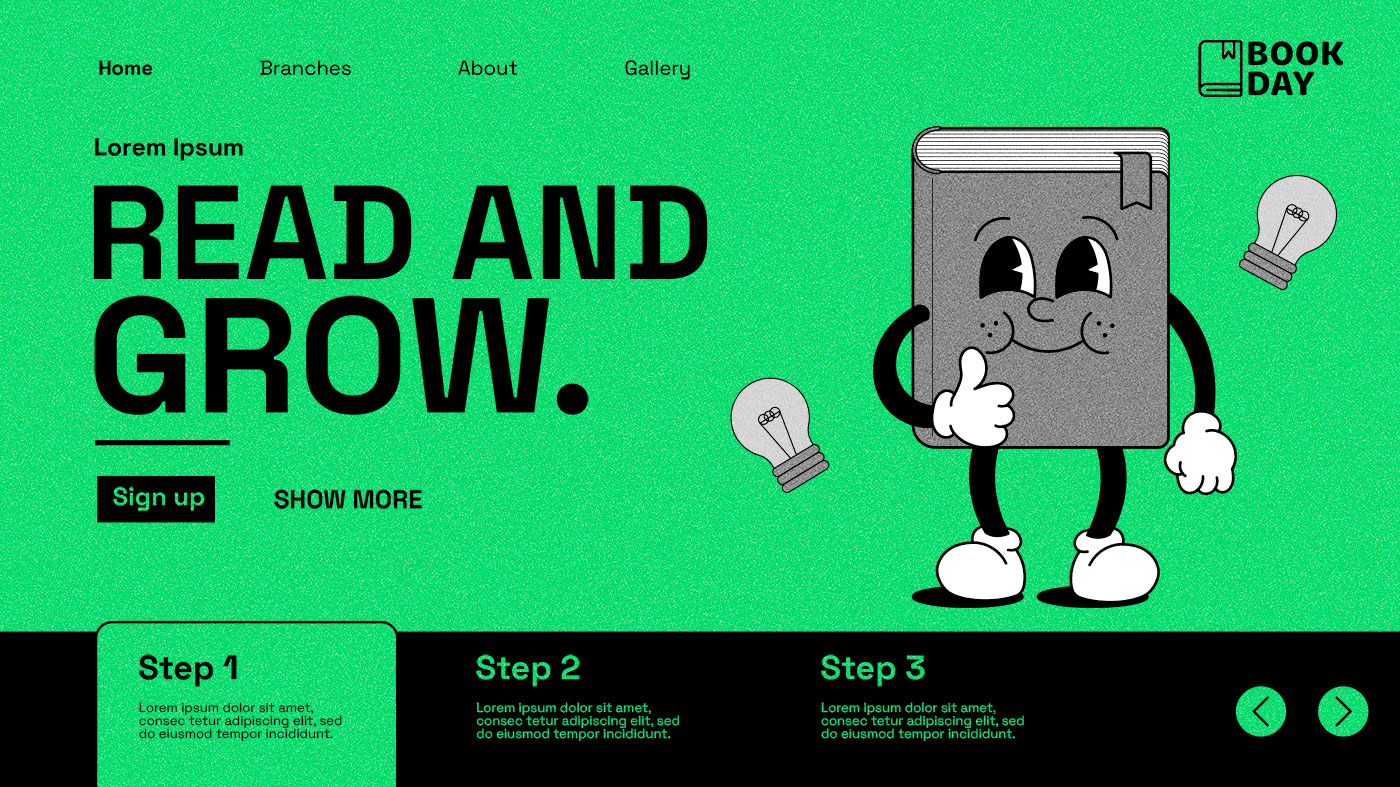 Página web vibrante com fundo verde apresentando um livro animado sorridente e texto 