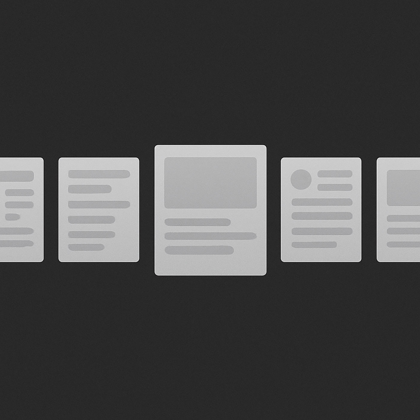 Cinco ícones estilizados de documentos, alinhados horizontalmente sobre um fundo preto. Os ícones têm variação de texto e imagens gráficas representando diferentes conteúdos.