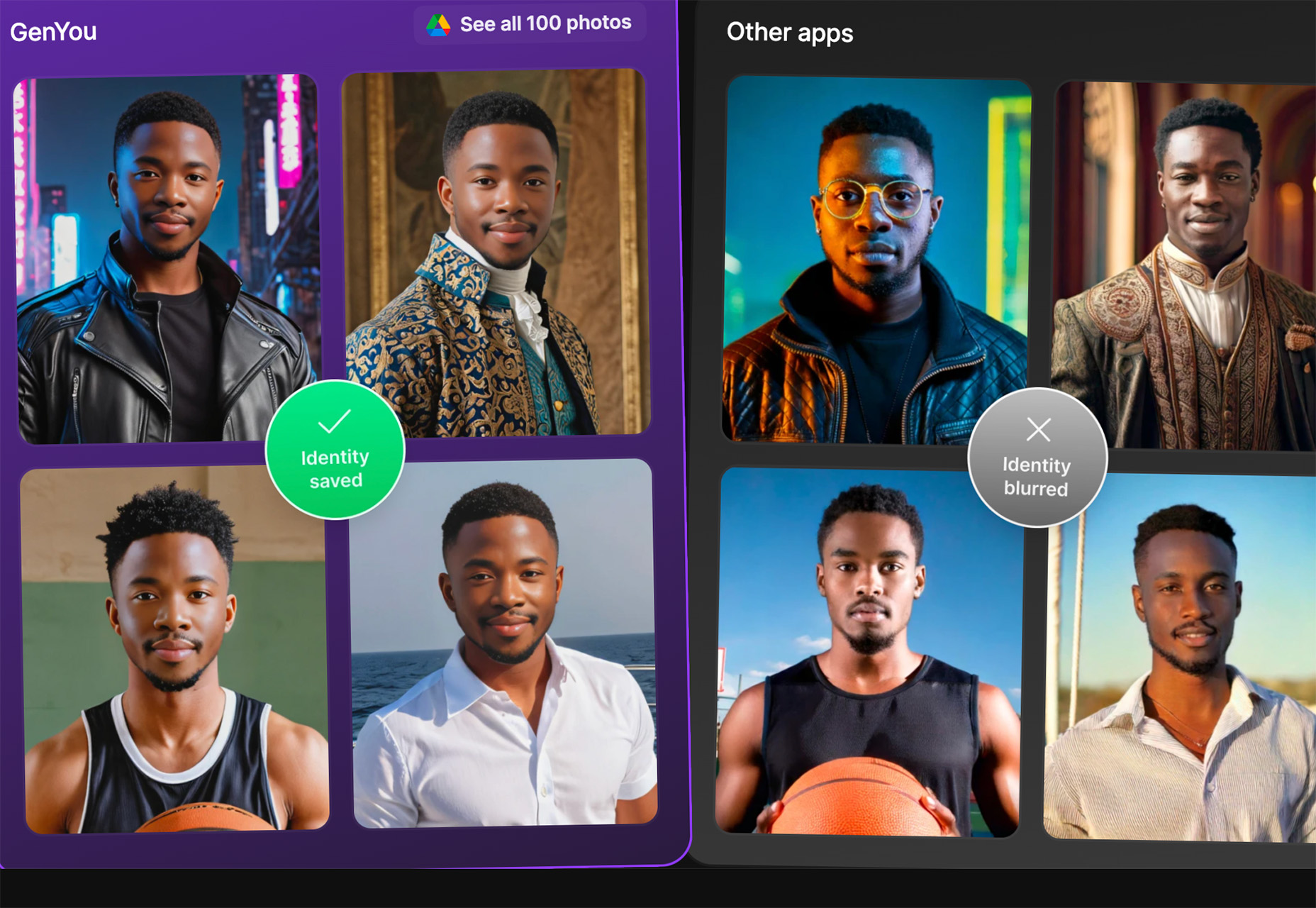 Tela dividida mostrando comparação de fotos de homens em dois aplicativos, com identidades preservadas e borradas, em cenários urbanos e esportivos.