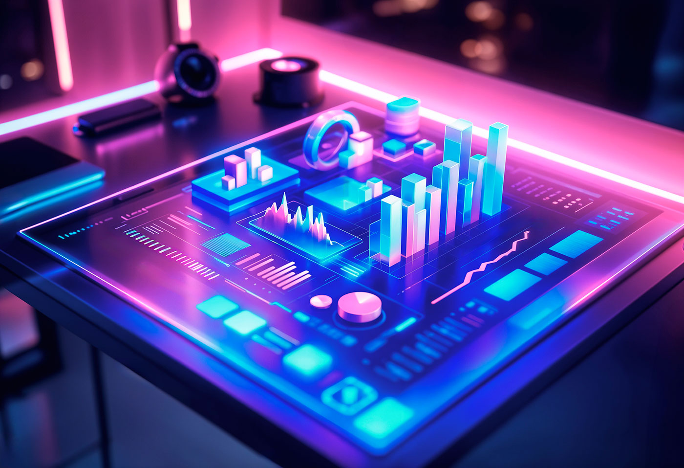 Mesa de controle holográfica futurista exibindo gráficos e dados em 3D em tons de azul e rosa, com foco na tecnologia avançada e análise.