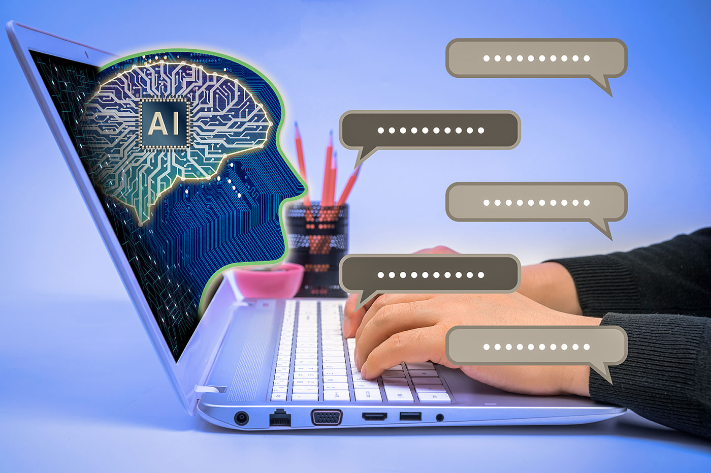 Ilustração de inteligência artificial saindo de um laptop, com circuitos em forma de cérebro e silhueta humana, e uma mão digitando, cercado por balões de texto.