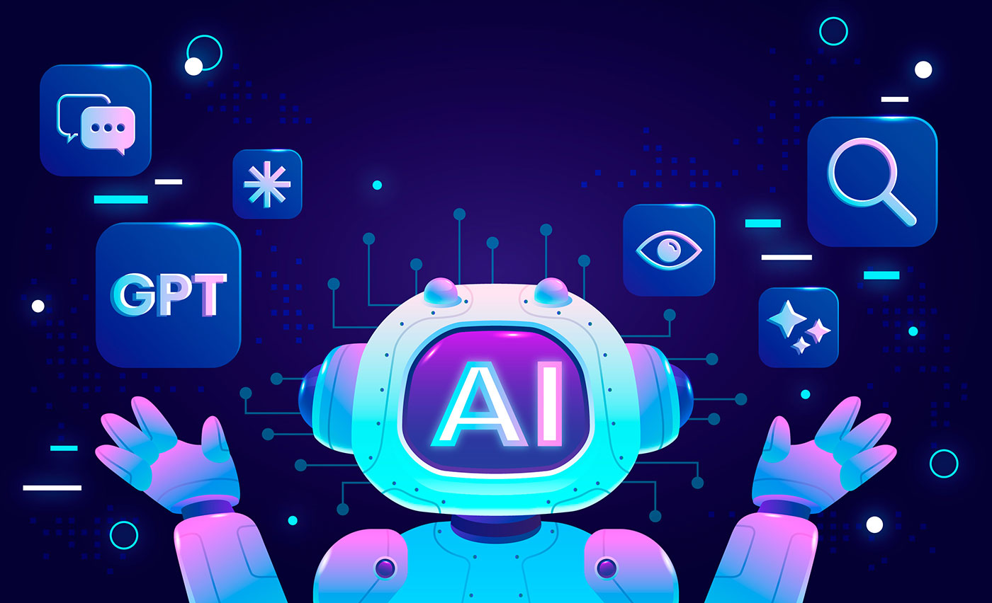Ilustração de um robô futurista com a sigla 