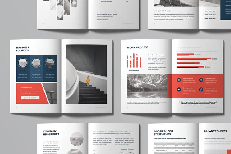 Diversas páginas de um relatório corporativo abertas, mostrando gráficos, fotos e textos sobre negócios e finanças, em design moderno e limpo.
