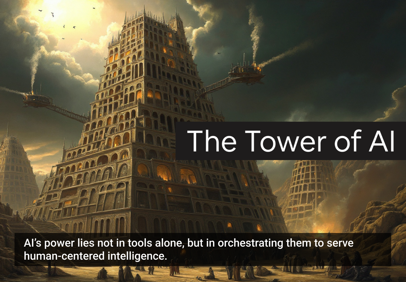 Ilustração de uma torre monumental com múltiplas camadas e arquitetura elaborada sob um céu tempestuoso, acompanhada por texto sobre IA.